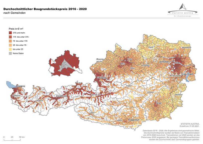 Durchschnittlicher Baugrundstückspreis 2016-2020 Durchschnittlicher Baugrundstückspreis 2016-2020